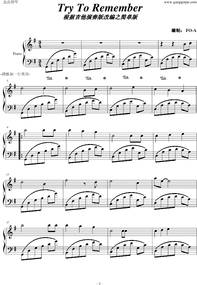 Try To Remember 简单版-钢琴谱(钢琴曲)-Brothers Four1