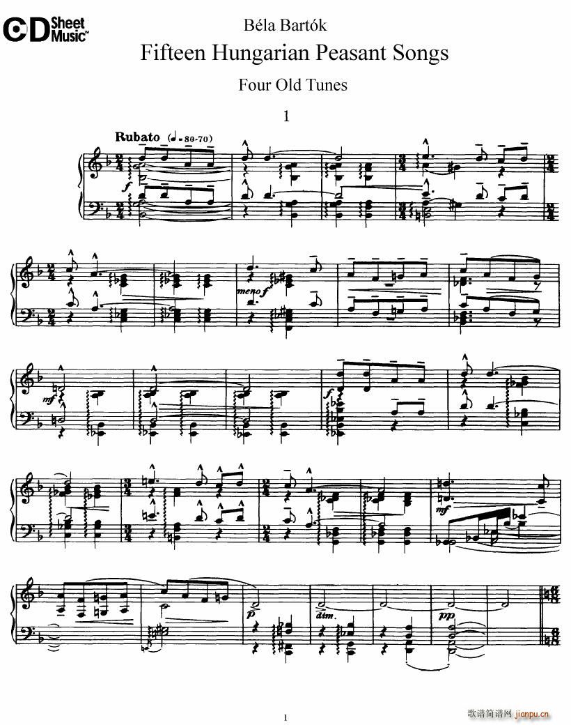Bartok SZ 71 Fifteen Hungarian Peasant Songs Piano1