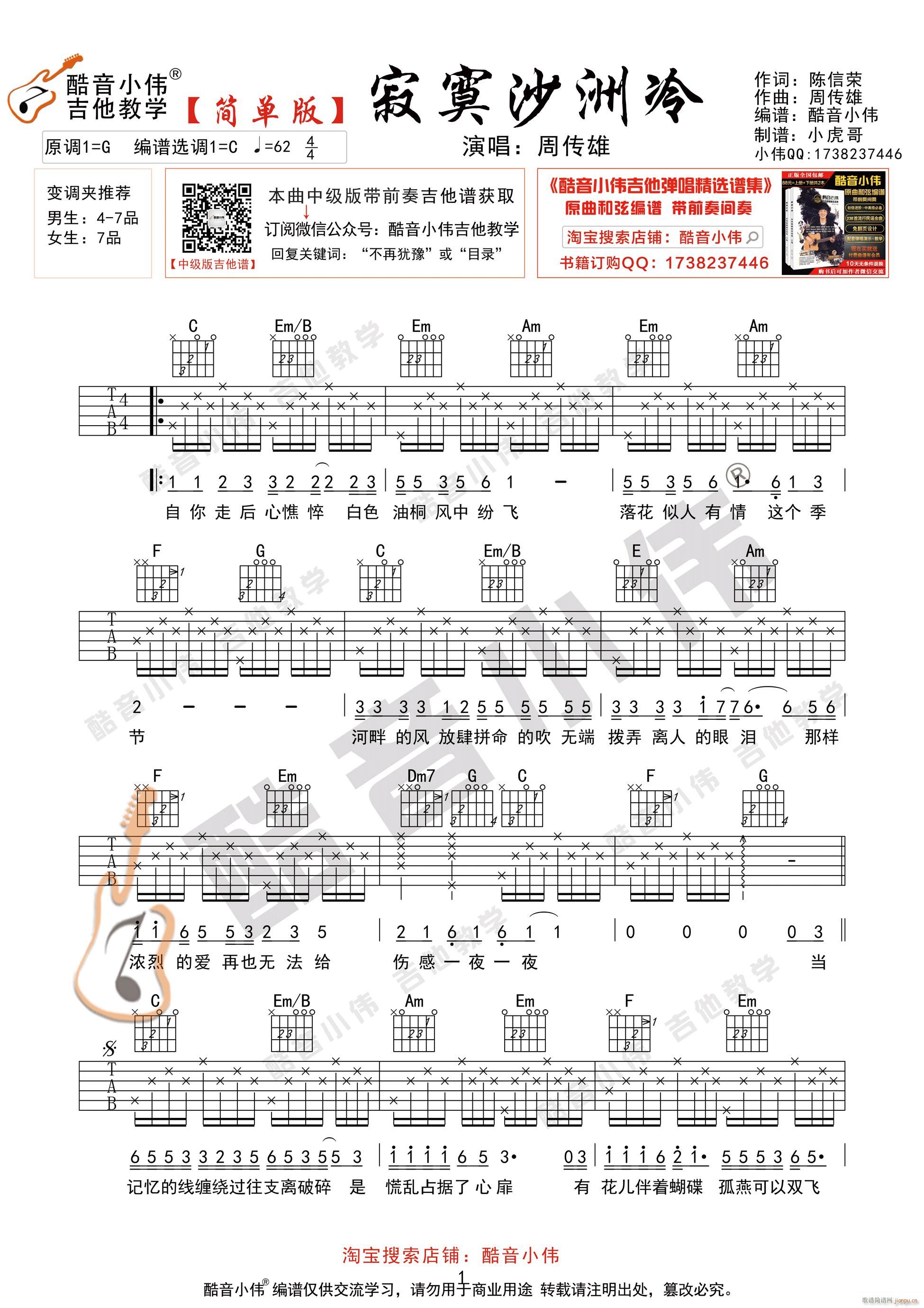 《寂寞沙洲冷》 简单版 吉他弹唱教学_周传雄1