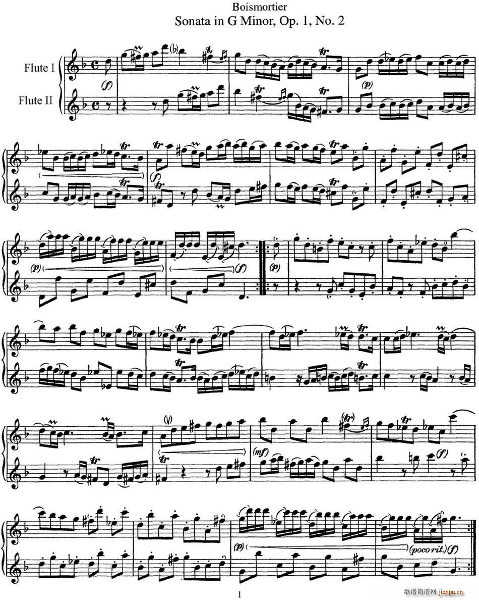 G大调双长笛奏鸣曲作品1号之2(Sonata in G Major Op 1No 2) 长笛1