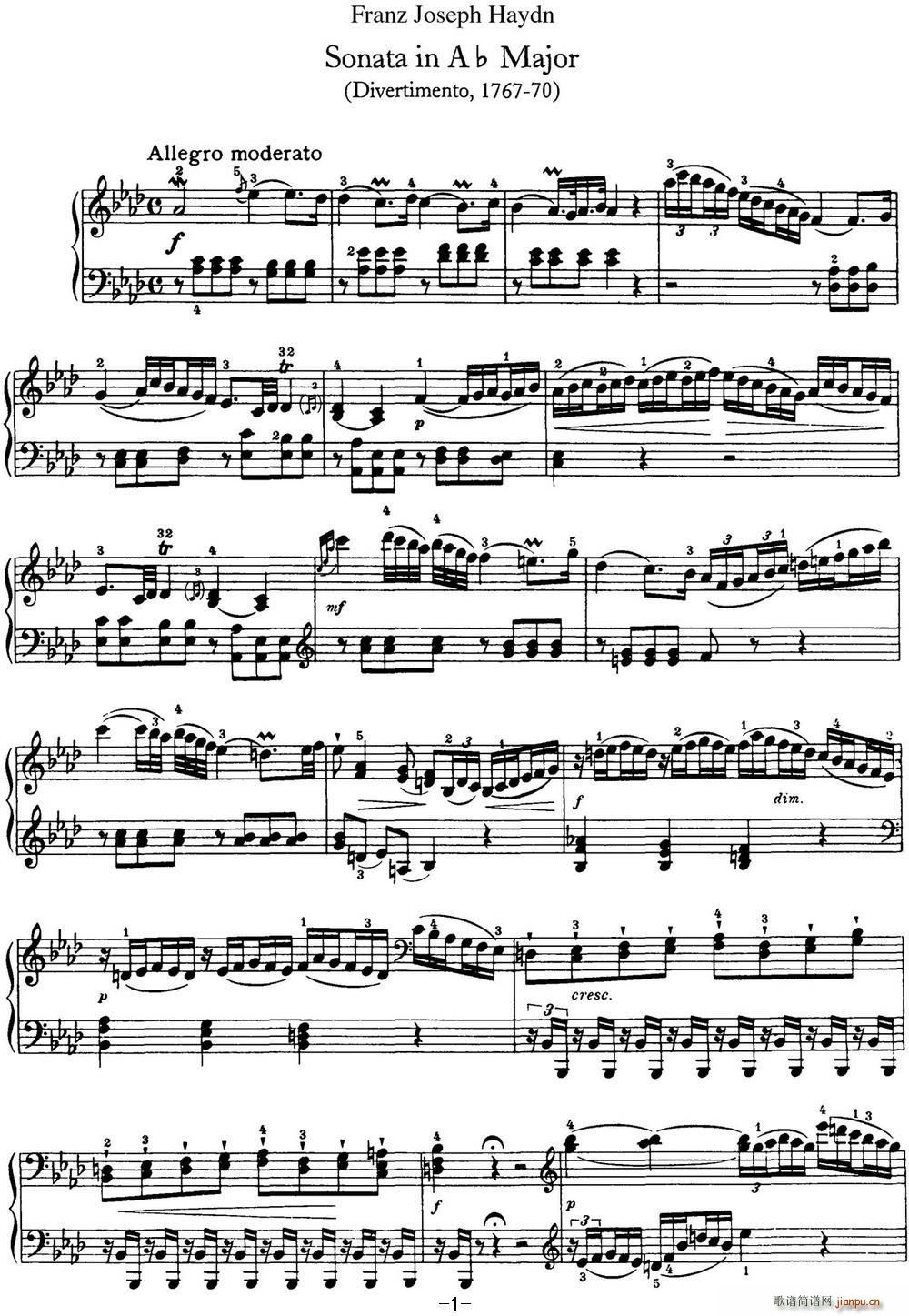海顿 钢琴奏鸣曲 Hob XVI 46 Divertimento Ab major1