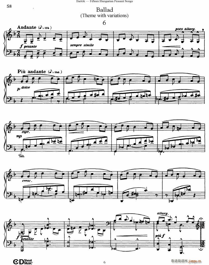 Bartok SZ 71 Fifteen Hungarian Peasant Songs Piano6