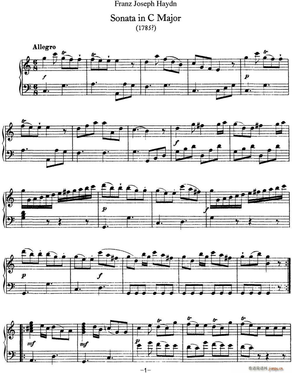 海顿 钢琴奏鸣曲 Hob XVI 15 in C major1
