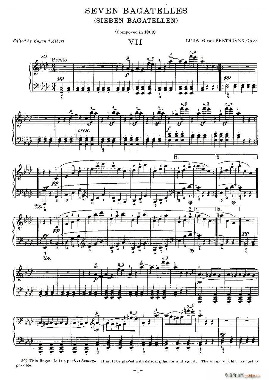 贝多芬钢琴小品（Bagatelles）Op 33 之七1