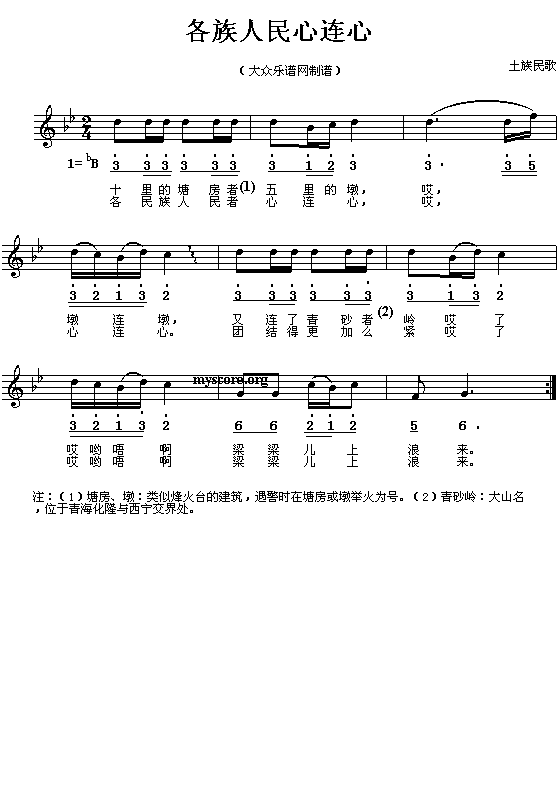 土族民歌:各族人民心连心(简线对照)1