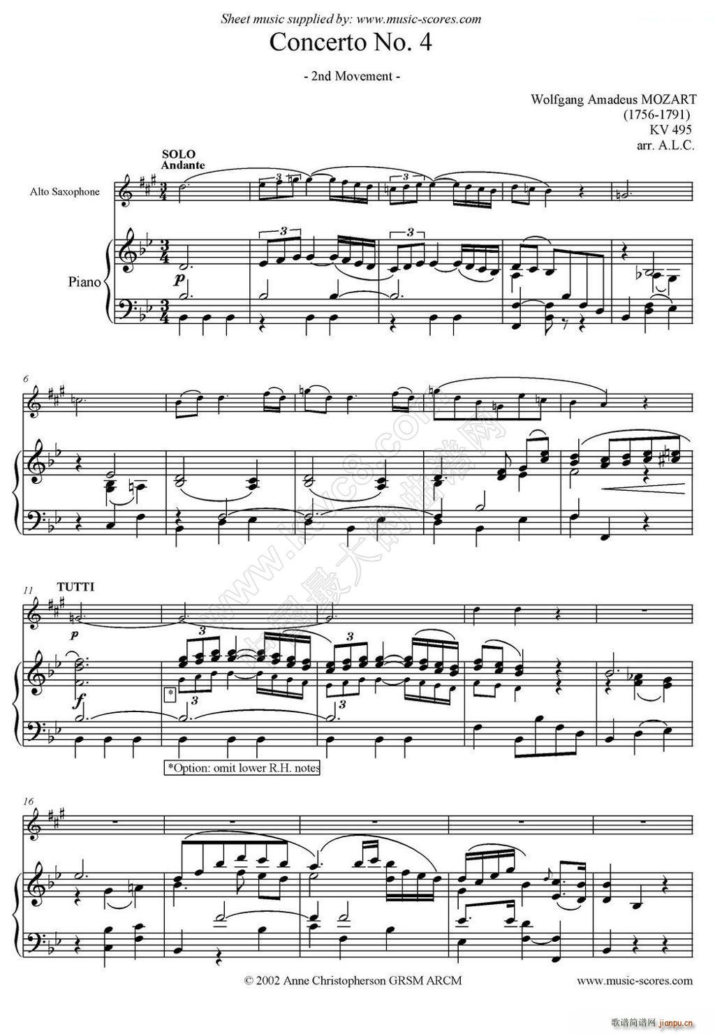 Mozart Concerto KV495 No 4-2st（高音萨克斯 钢琴伴奏）1