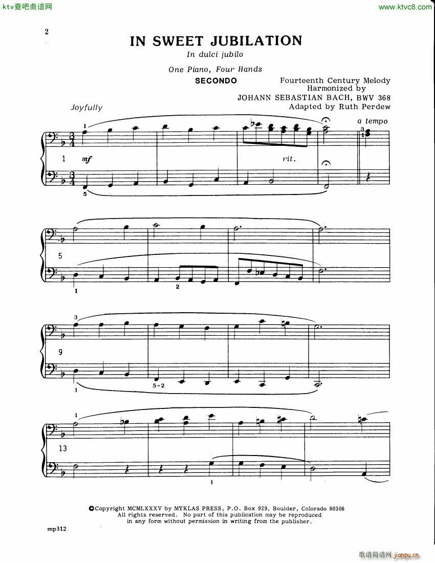 Bach JS BWV 368 In dulci jubilo arr 4h Perdew2