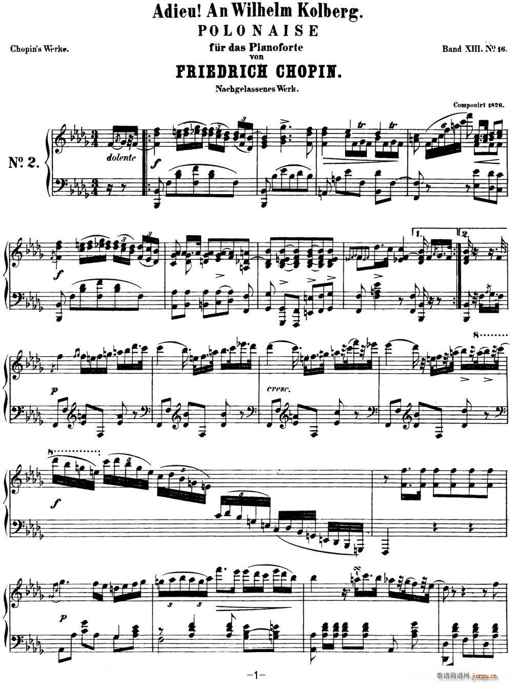 肖邦 波兰舞曲 Op posth P 1 No 5 降B大调1