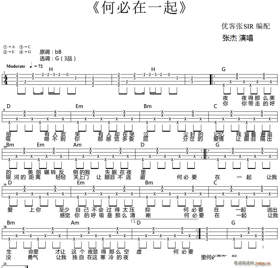 何必在一起(尤克里里弹唱谱)_张杰1