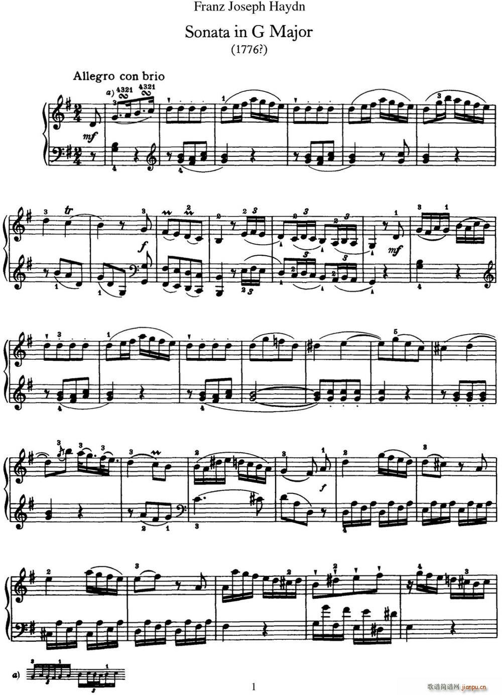 海顿 钢琴奏鸣曲 Hob XVI 27 in G major1