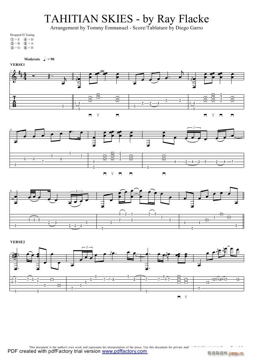 tommy emmanuel tahitian skies with score(指弹吉它)1