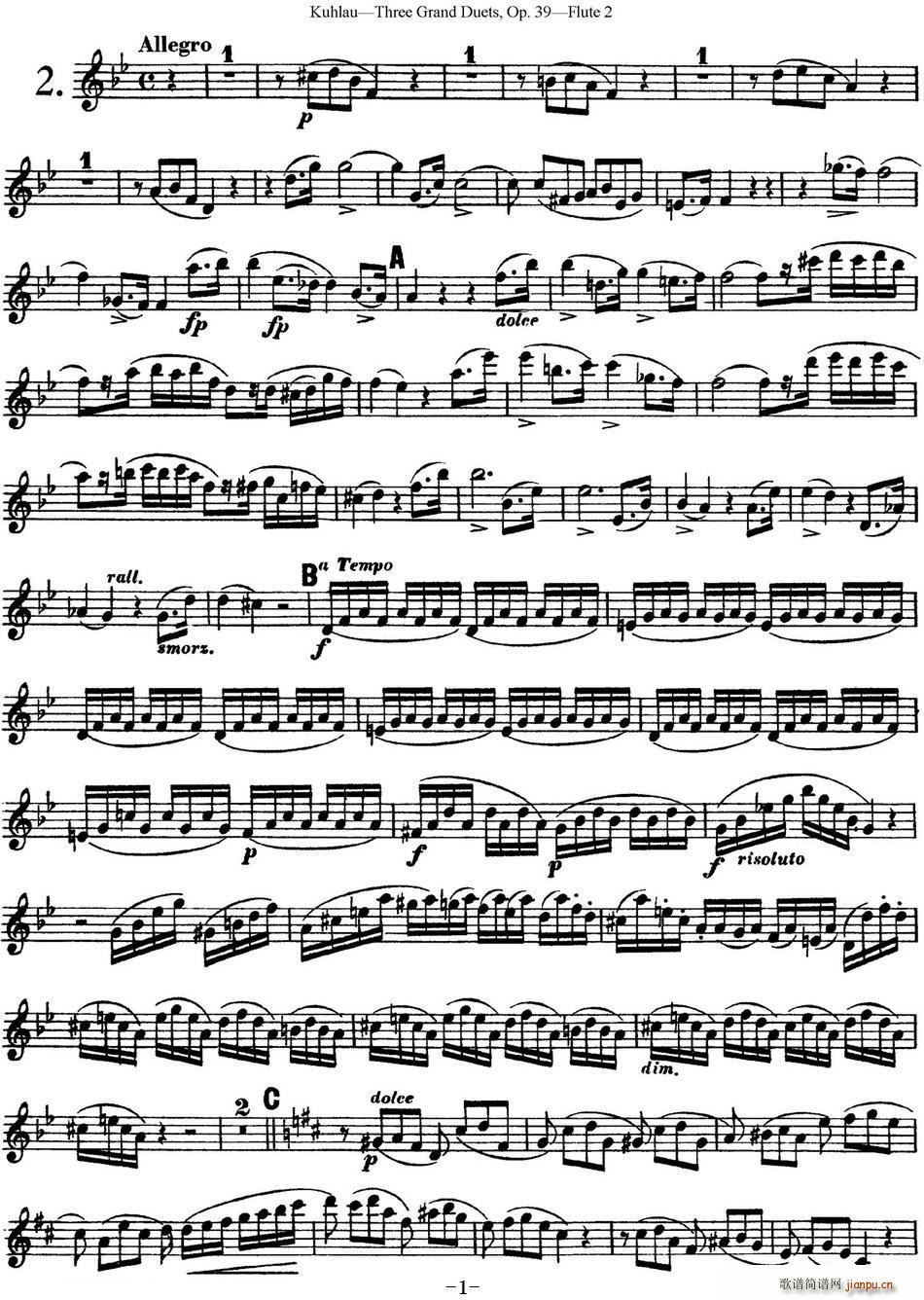 库劳长笛二重奏大练习曲Op 39――Flute 2(No 2)1