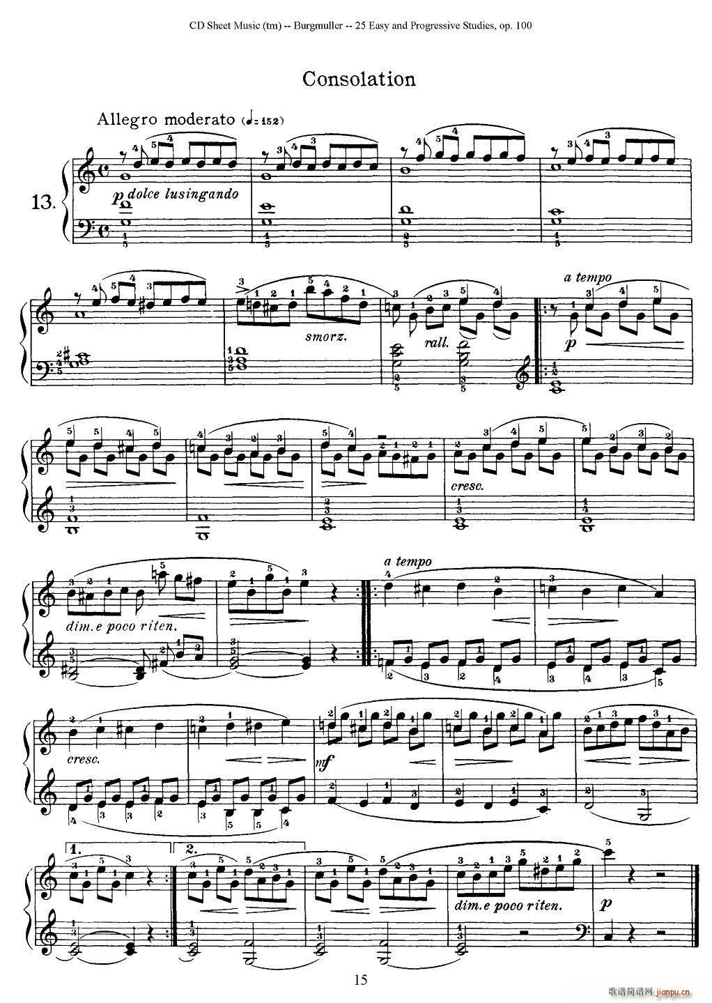 布尔格缪勒-25首钢琴进阶练习曲 Op 100（15、安慰）1