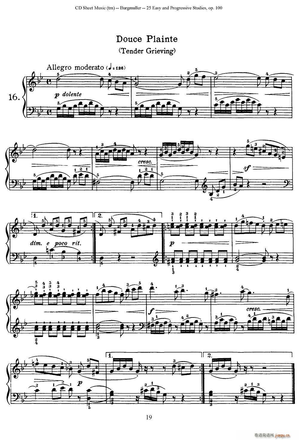 布尔格缪勒-25首钢琴进阶练习曲 Op 100（16、忧伤）1
