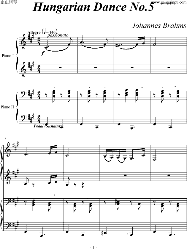 《匈牙利舞曲第5号》四手联弹-钢琴谱(钢琴曲)-勃拉姆斯-Brahms1