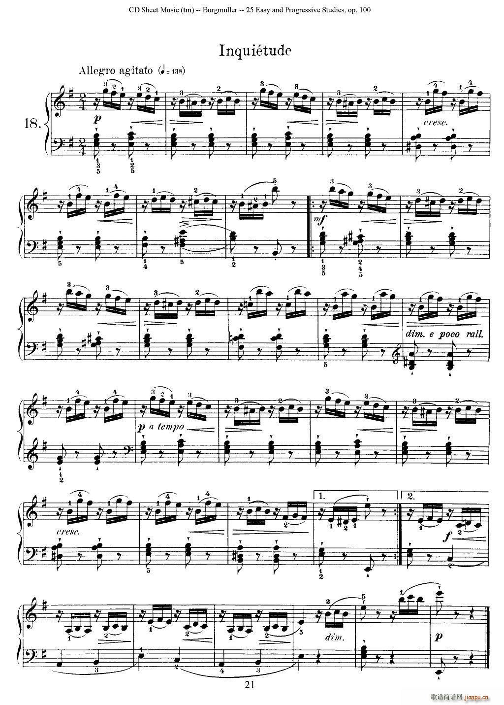 布尔格缪勒-25首钢琴进阶练习曲 Op 100（18、烦恼）1