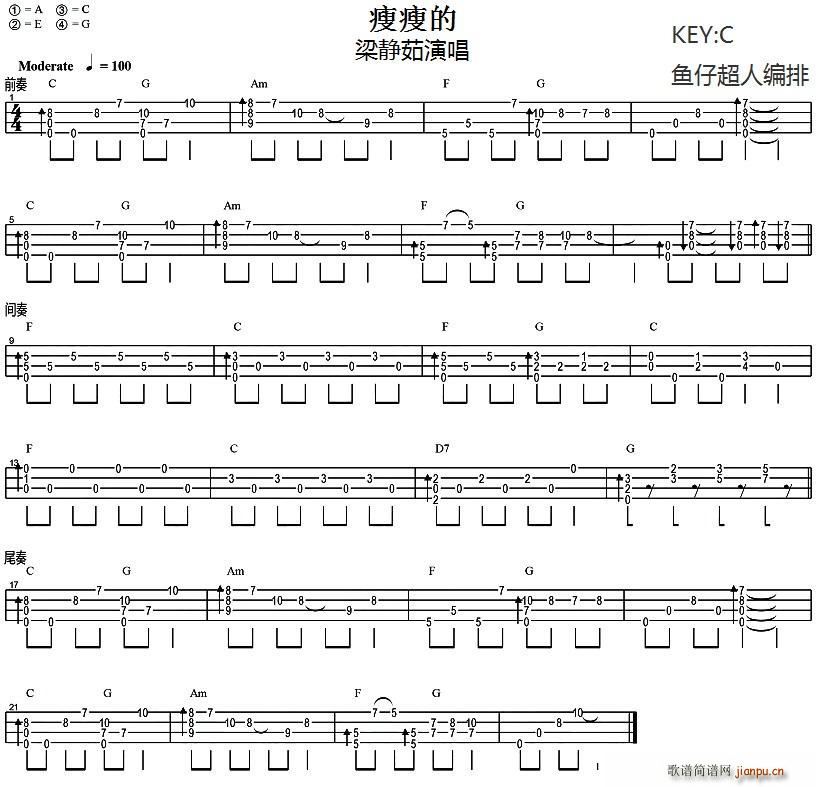 瘦瘦的(尤克里里指弹谱)_梁静茹1