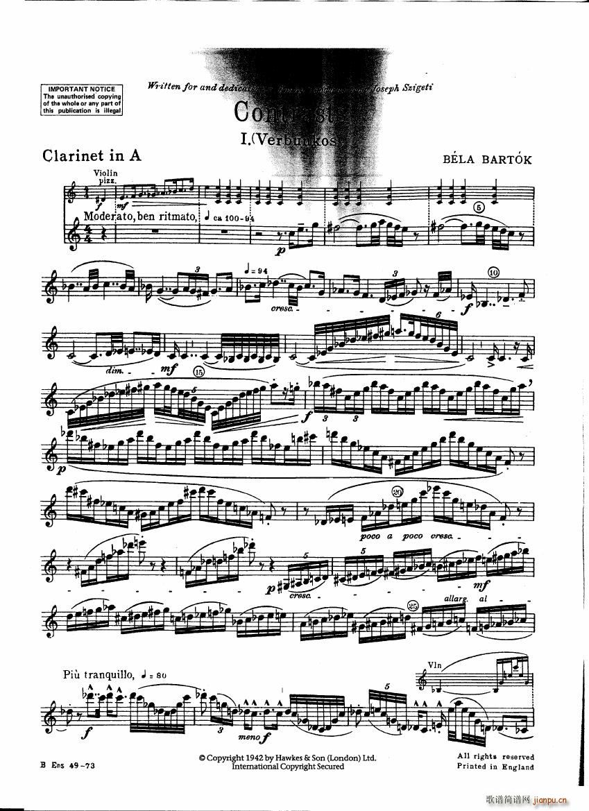 Bartok SZ 111 Contrasts clarinets A and Bb2