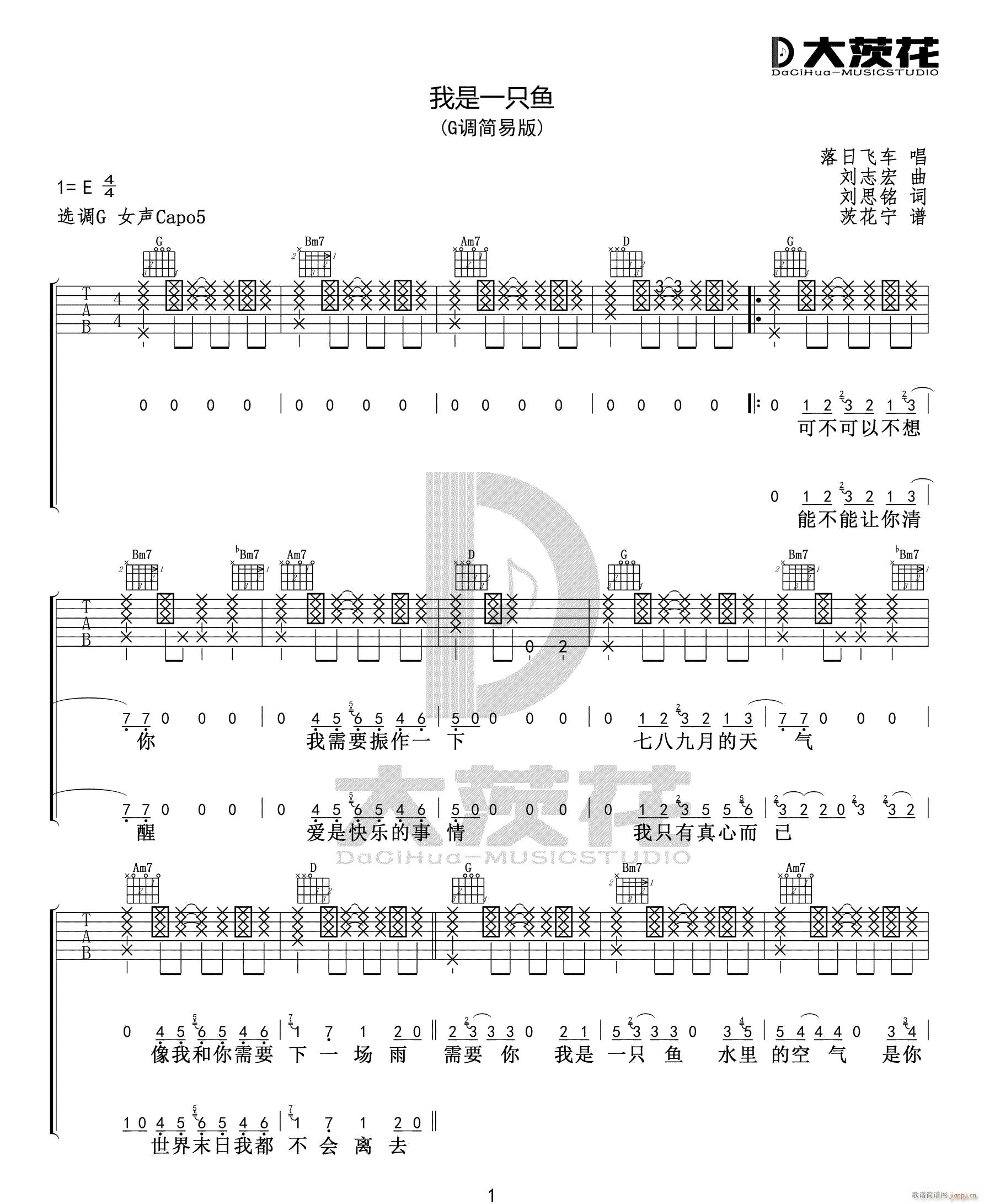 我是一只鱼 ( C调简单版)_落日飞车1