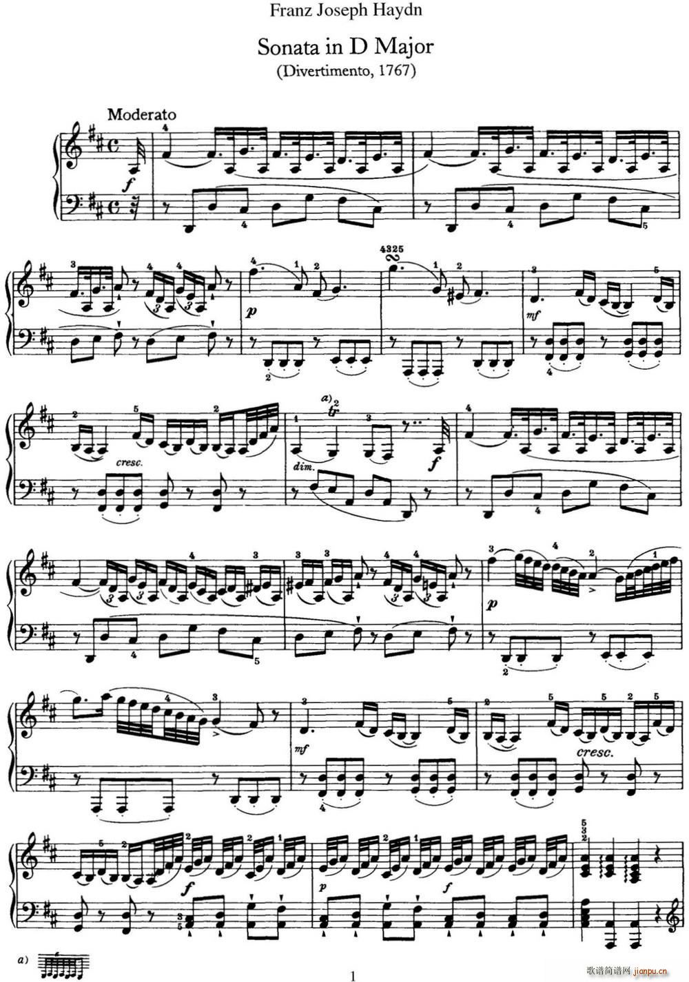 海顿 钢琴奏鸣曲 Hob XVI 19 Divertimento D major1
