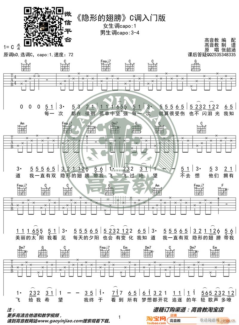 《隐形的翅膀》 C调入门版 编配 猴哥吉他教学_张韶涵1