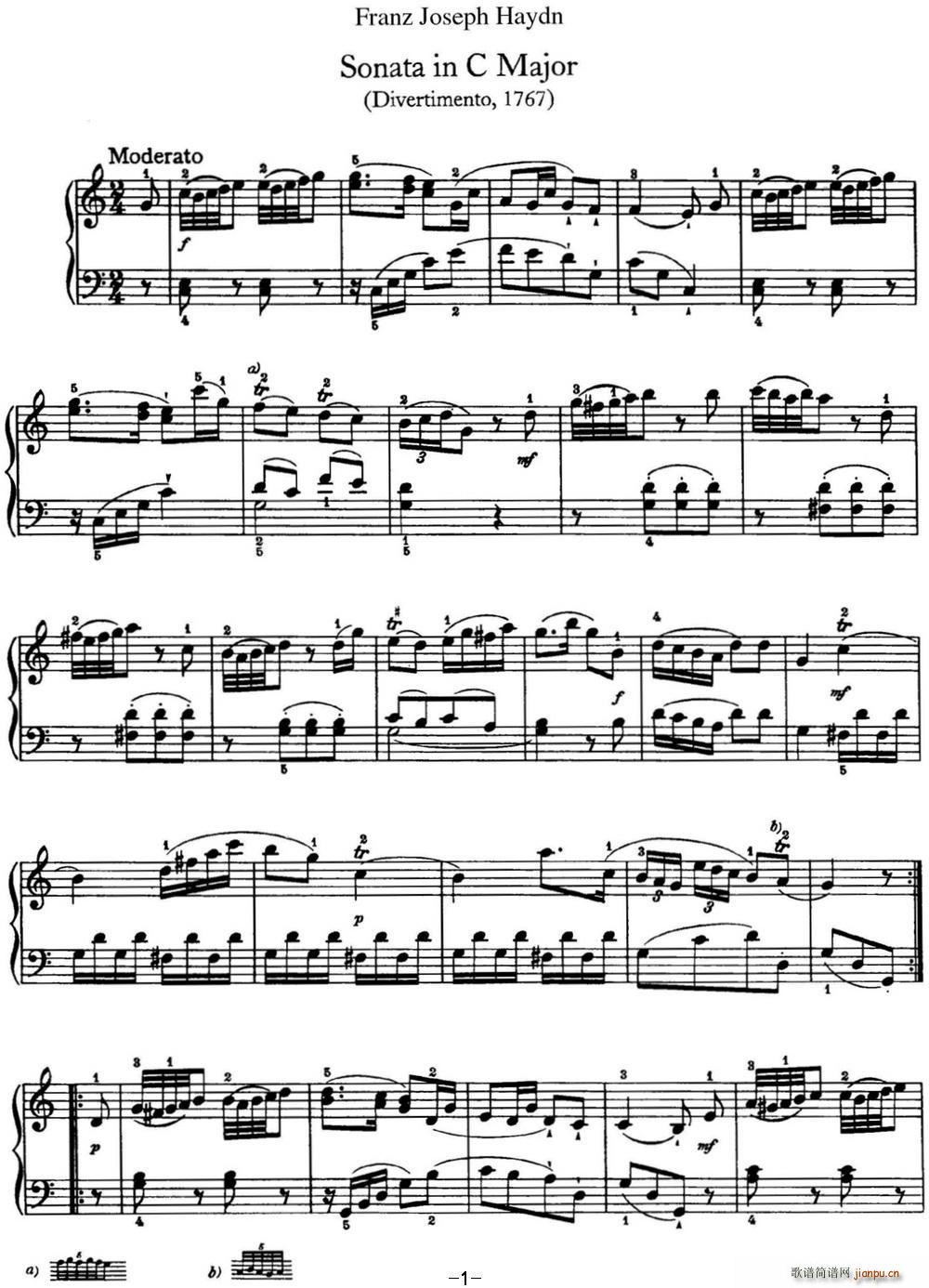 海顿 钢琴奏鸣曲 Hob XVI 10 Divertimento C major1