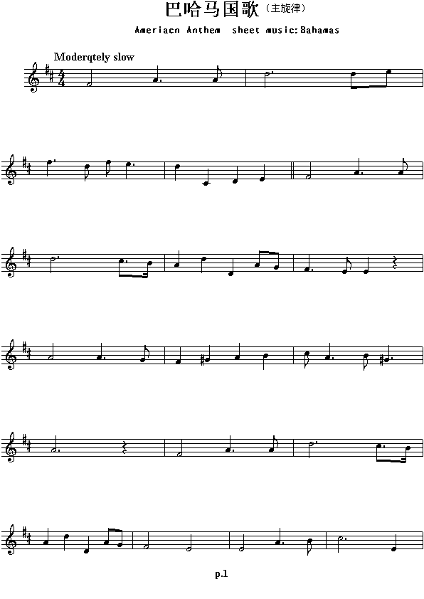 巴哈马国歌（Aeriacn Anthen sheet music:Bahamas）1