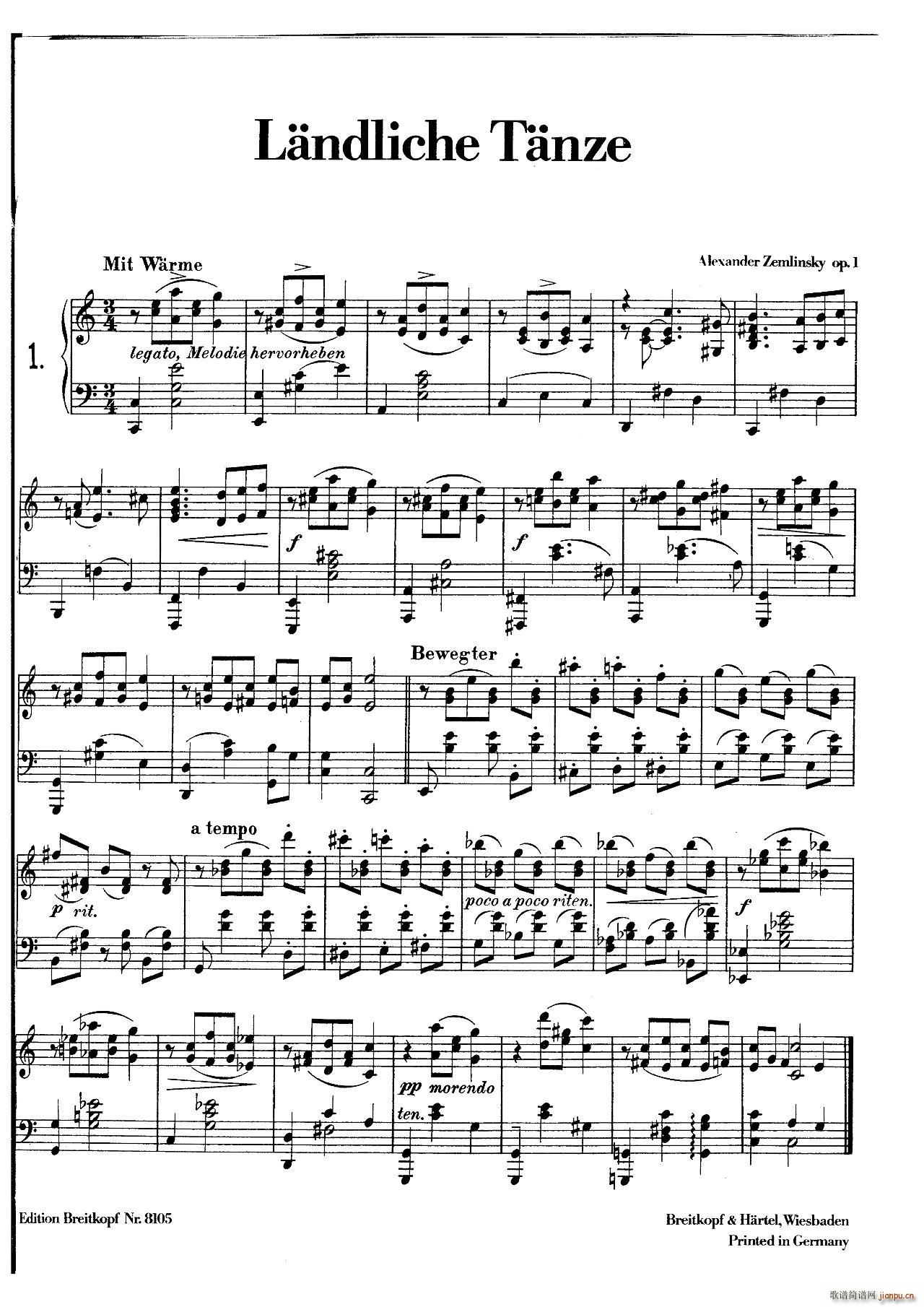 封 泽姆林斯基-Landliche Tanzee Op 1（乡村舞曲 ）1