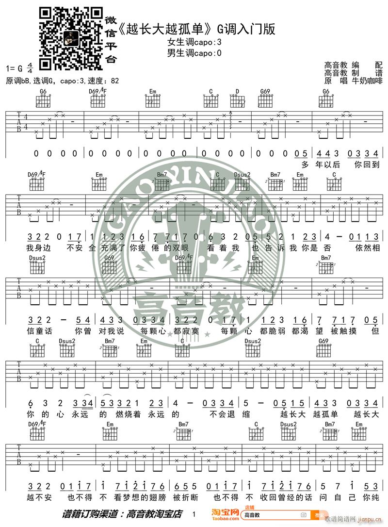 《越长大越孤单》 G调入门版 编配 猴哥吉他教学_牛奶咖啡1