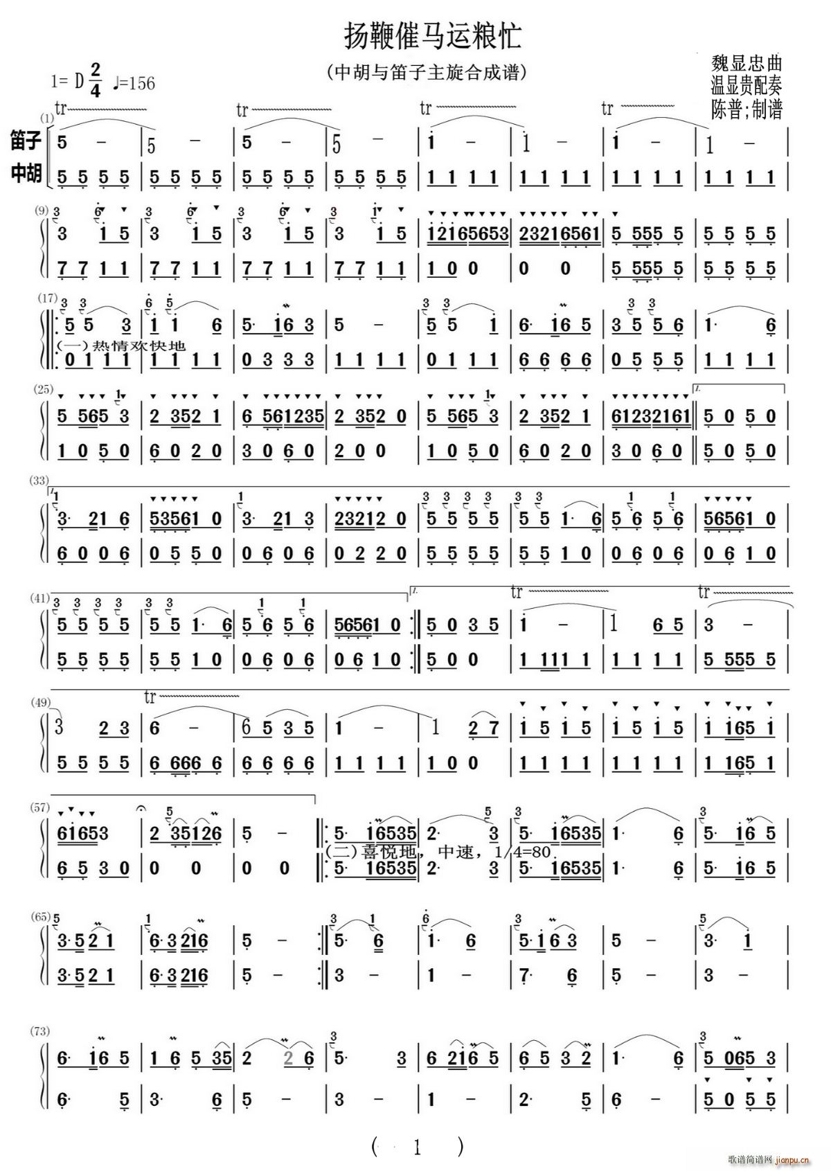 杨鞭催马运粮忙(中胡与笛子主旋合成谱)_贾绍义1