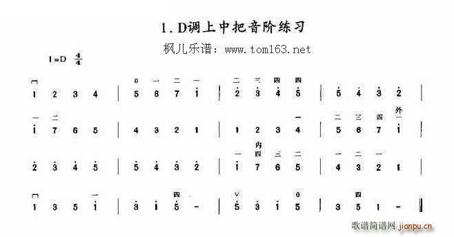 D调上中把音阶练习 二胡曲谱1