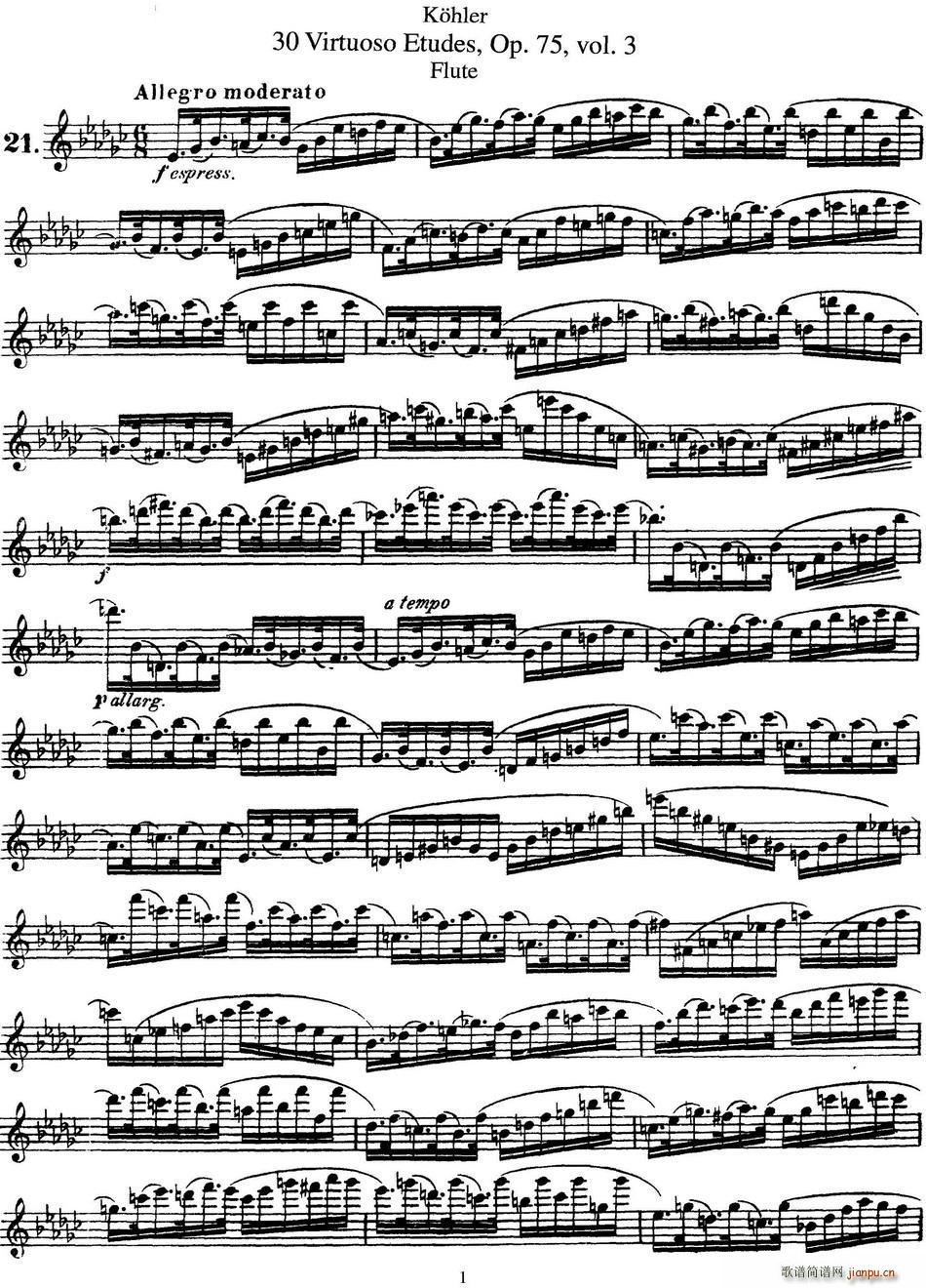 柯勒30首高级长笛练习曲作品75号(NO 21)1