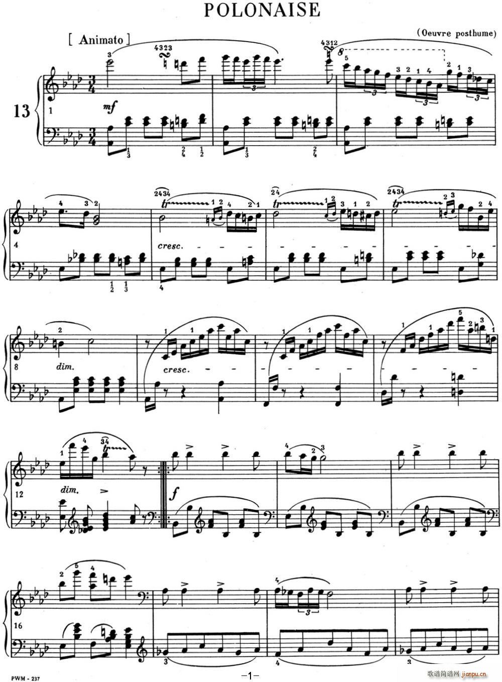 肖邦 波兰舞曲 Op posth P 1 No 2 降A大调1