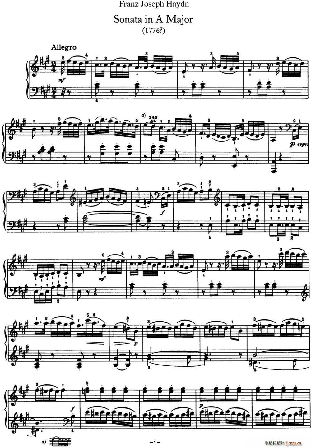 海顿 钢琴奏鸣曲 Hob XVI 30 in A major1