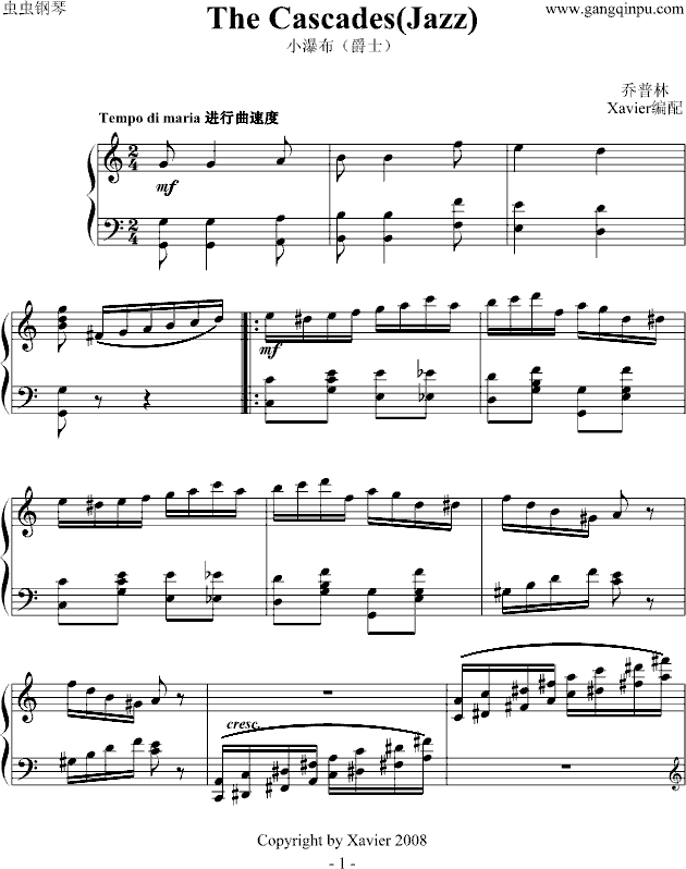 小瀑布(爵士)The Cascades(Jazz)-钢琴谱(钢琴曲)-Scott Joplin1