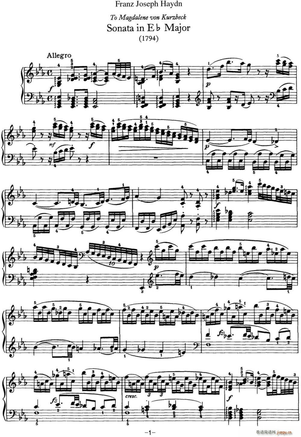 海顿 钢琴奏鸣曲 Hob XVI 52 in E-flat major1