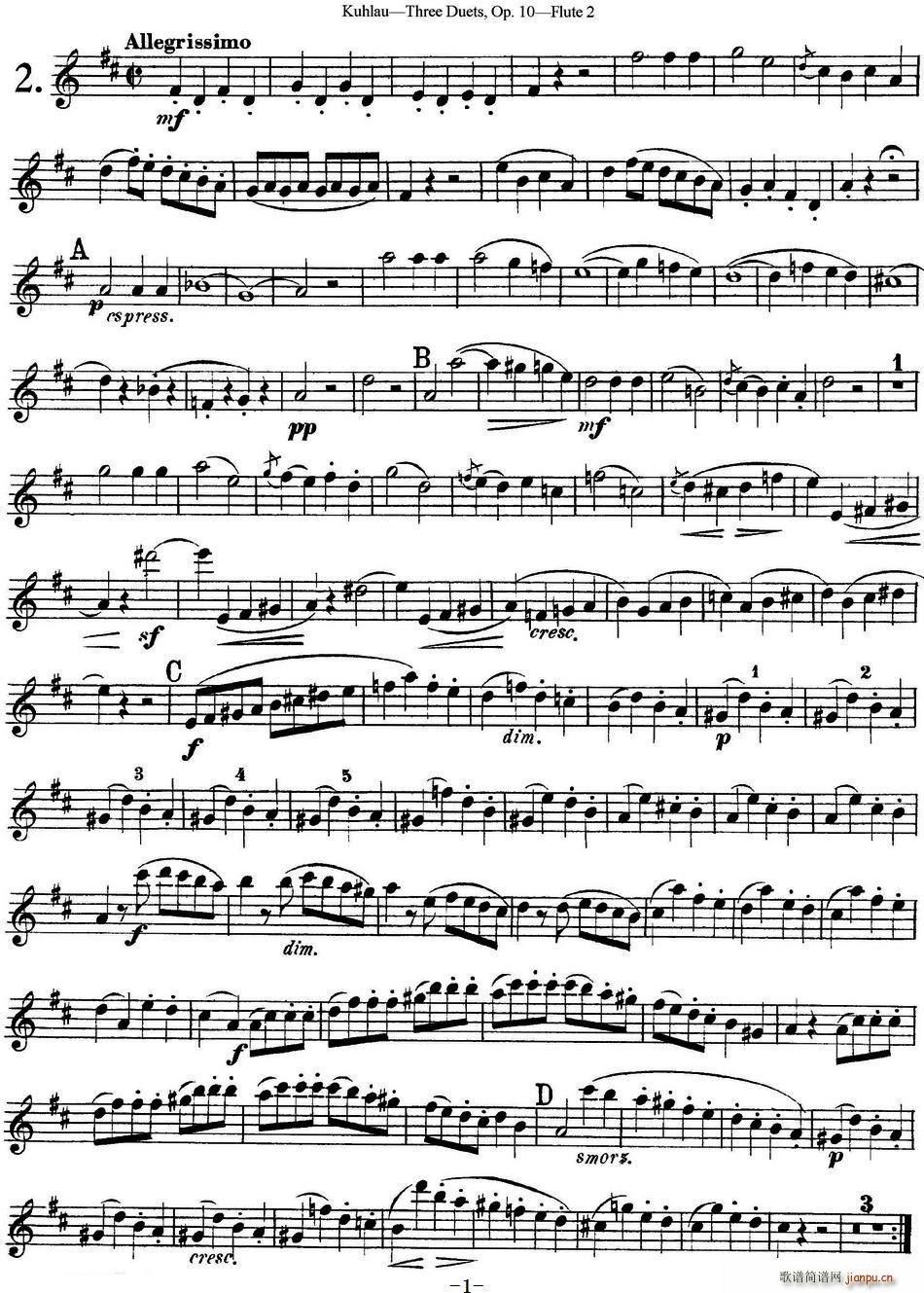 库劳长笛二重奏练习曲Op 10――Flute 2(No 2)1