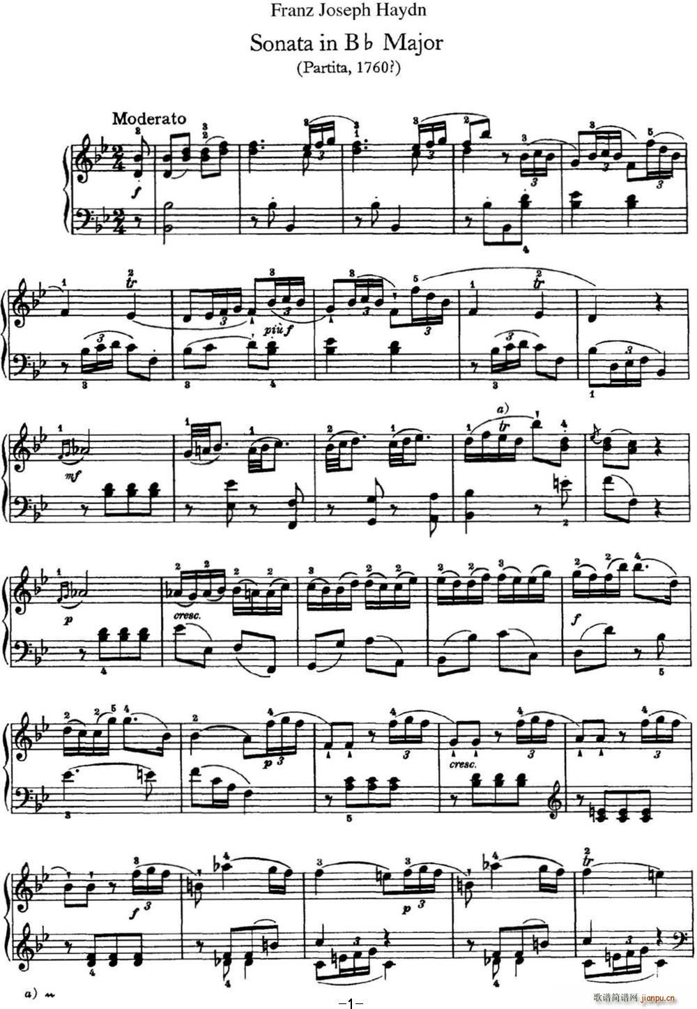 海顿 钢琴奏鸣曲 Hob XVI 2 Partita B-flat major1