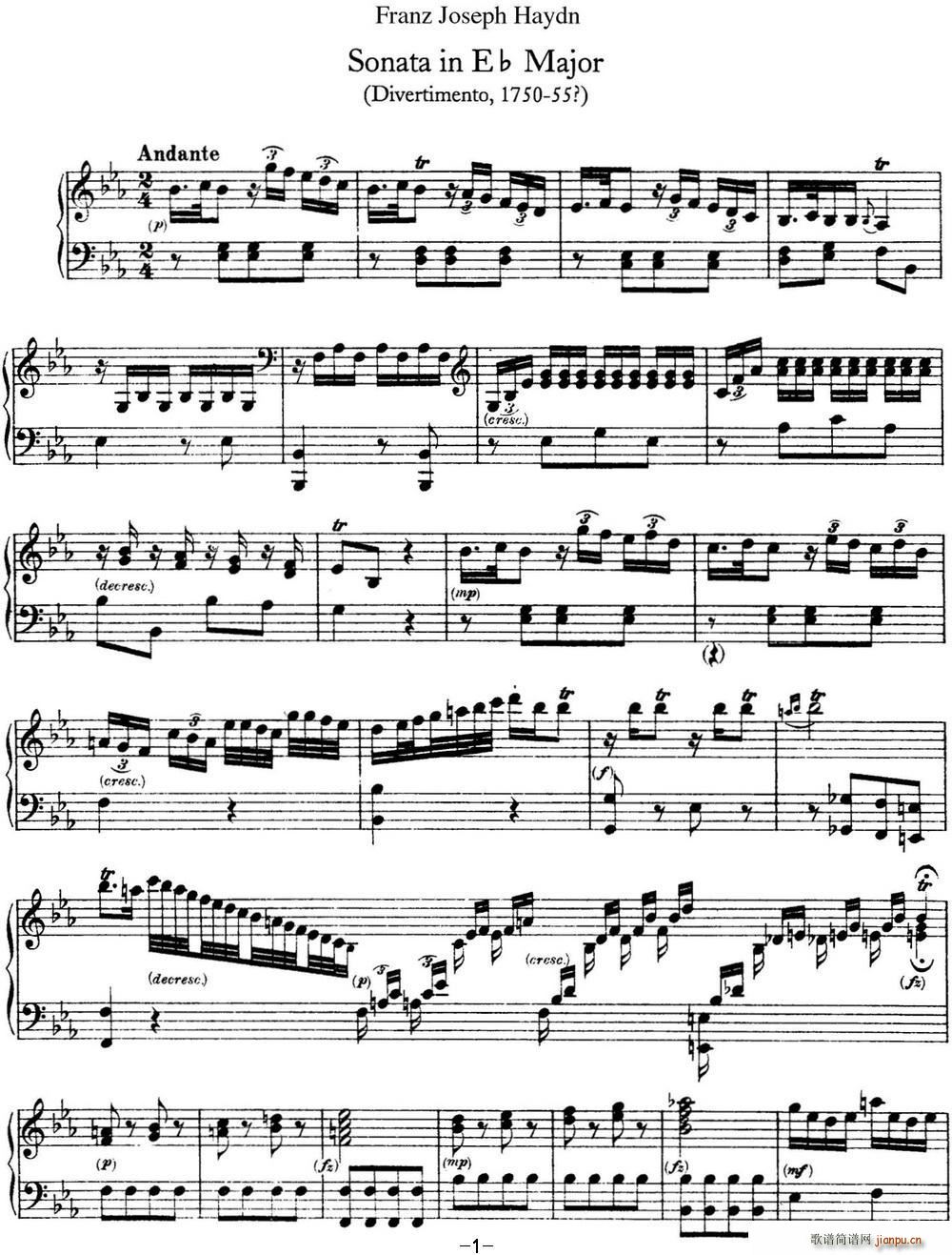 海顿 钢琴奏鸣曲 Hob XVI 16 Divertimento Eb major1
