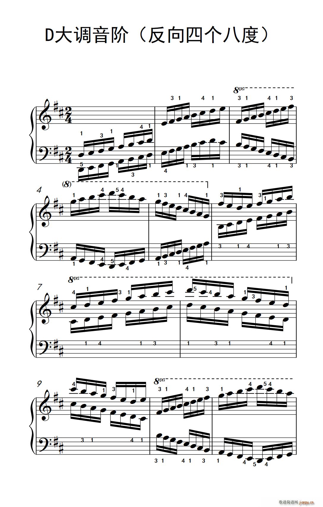D大调音阶(反向四个八度)(儿童钢琴练习曲)1