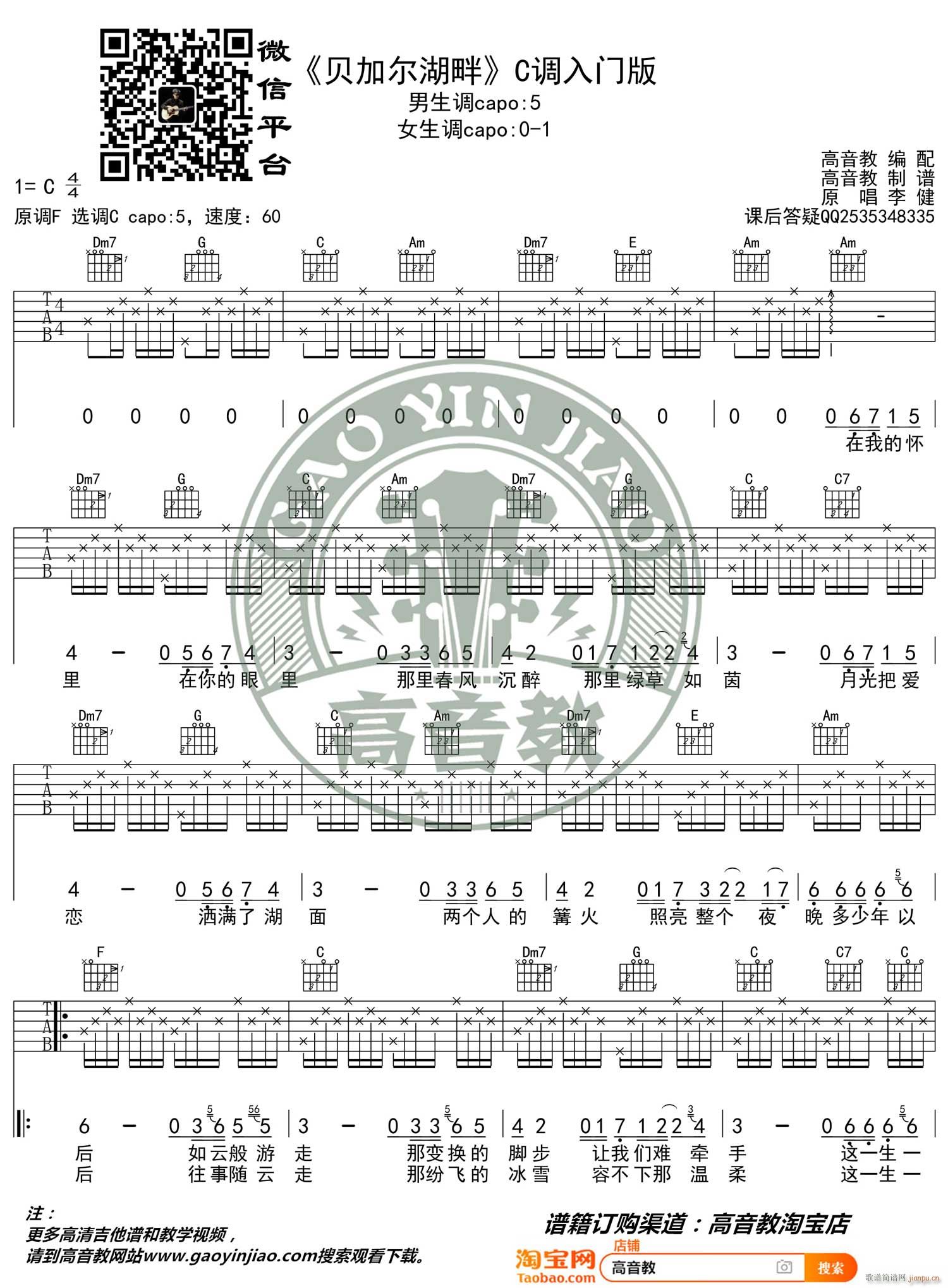 贝加尔湖畔 ( C调简单版编配)_李健1