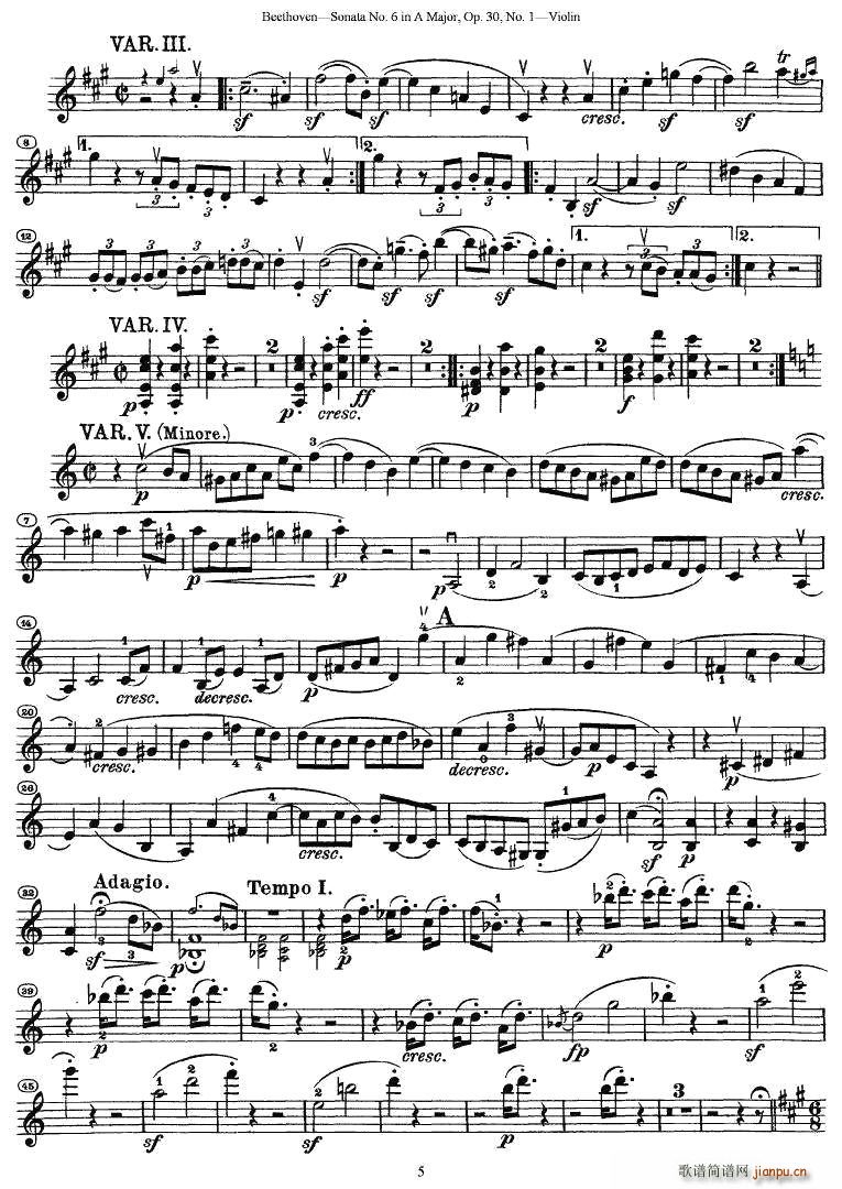 Sonata No.6 in A Major，Op.30，No.1（第六号小提琴奏鸣曲A大调op.）5