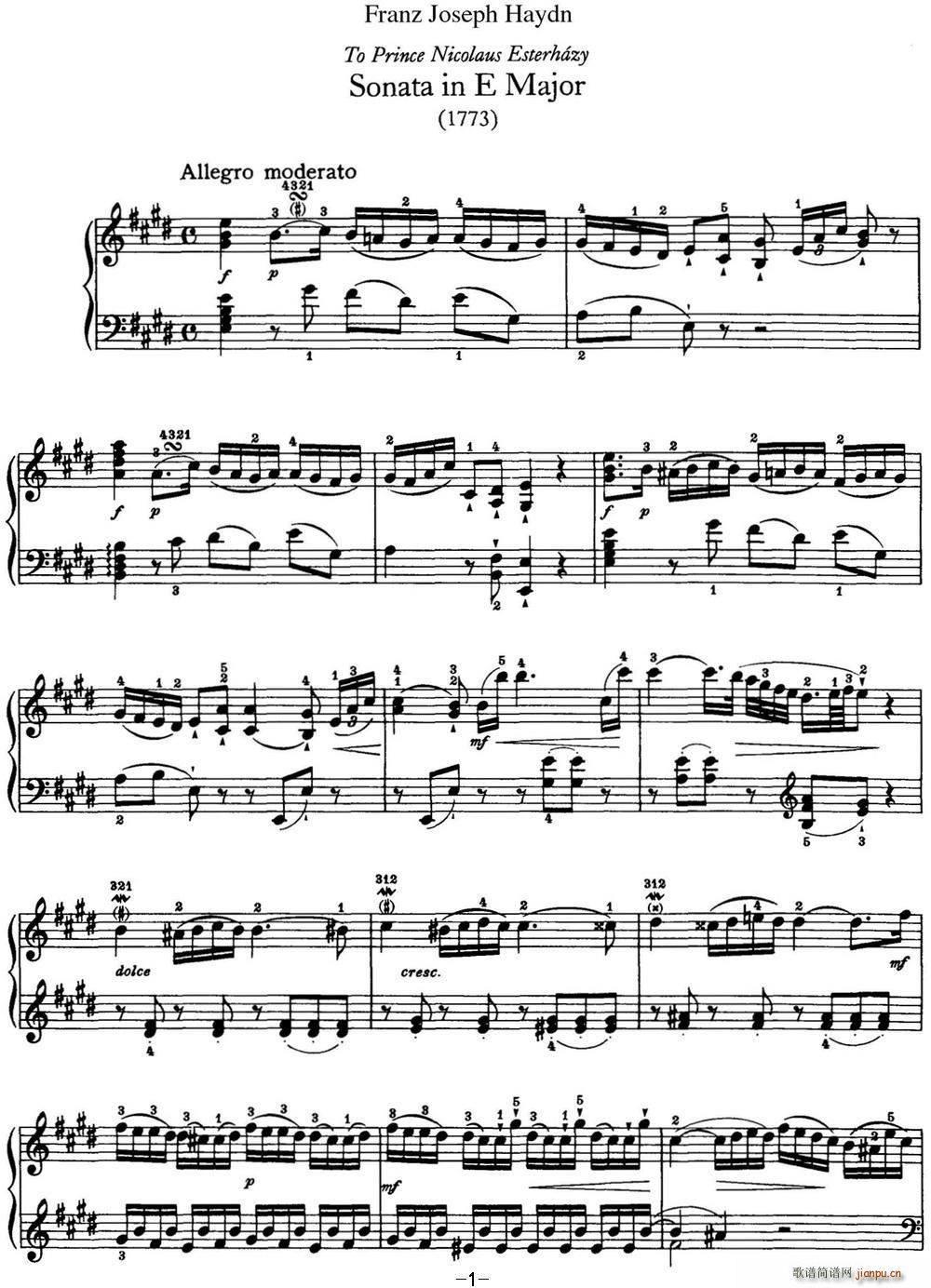 海顿 钢琴奏鸣曲 Hob XVI 22 in E major1