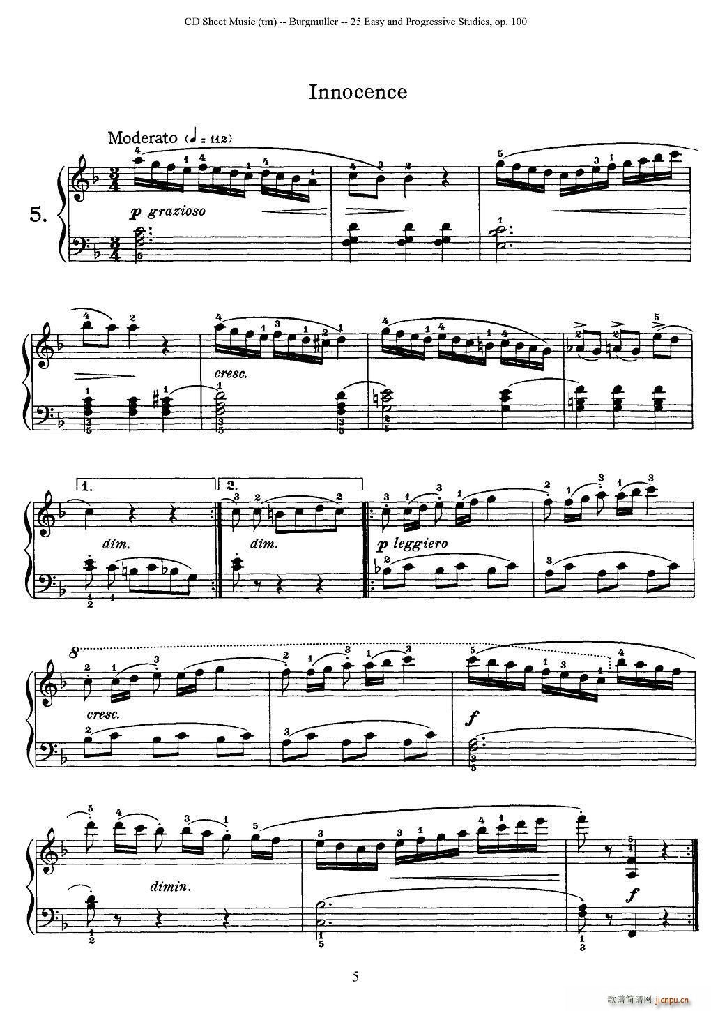 布尔格缪勒-25首钢琴进阶练习曲 Op 100（5、天真烂漫）1