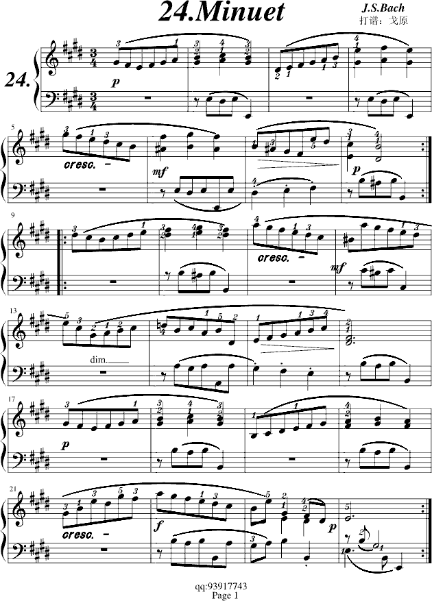 巴赫初步II No.24 Minuet-钢琴谱(钢琴曲)-巴赫-P.E.Bach1