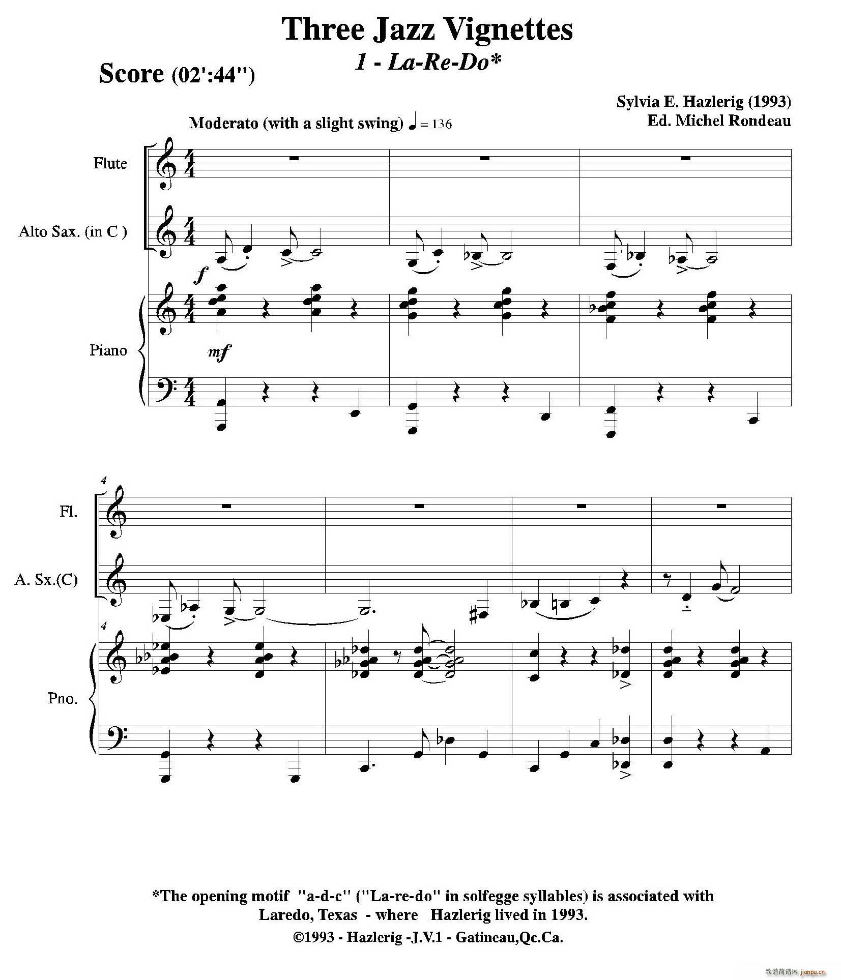Three jazz vignettes(第一乐章)(长笛中萨钢琴三重奏总谱)1