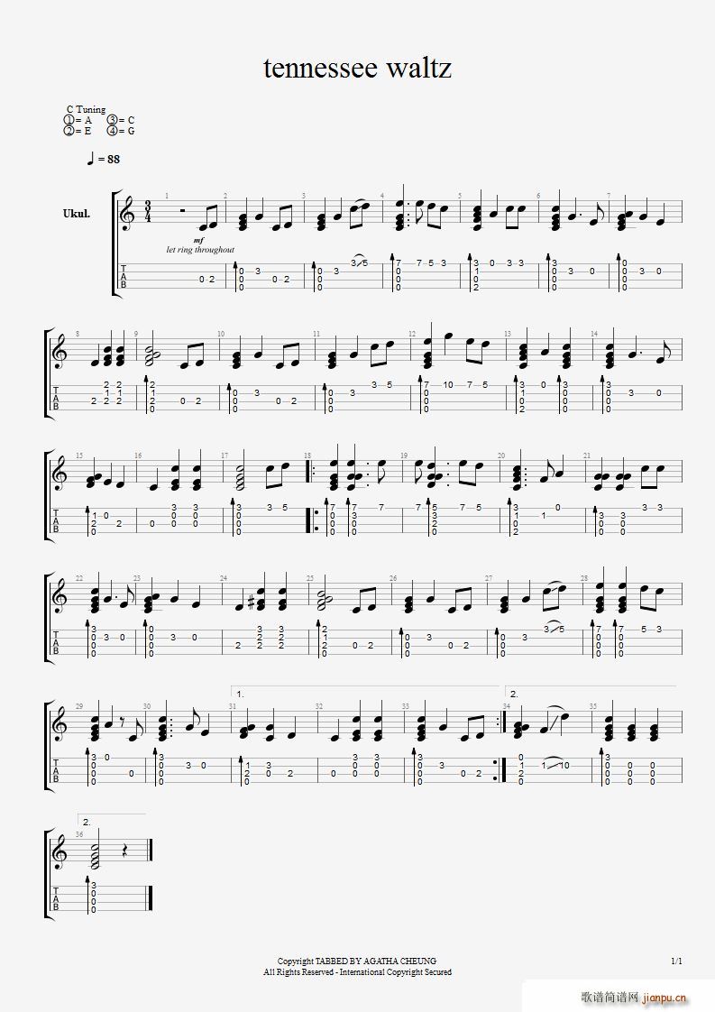 TENNESSEE WALTZ(田纳西的华尔滋)(尤克里里指弹独奏)1