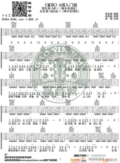抖音热曲《雀跃》 G调入门版 编配 猴哥吉他教学1