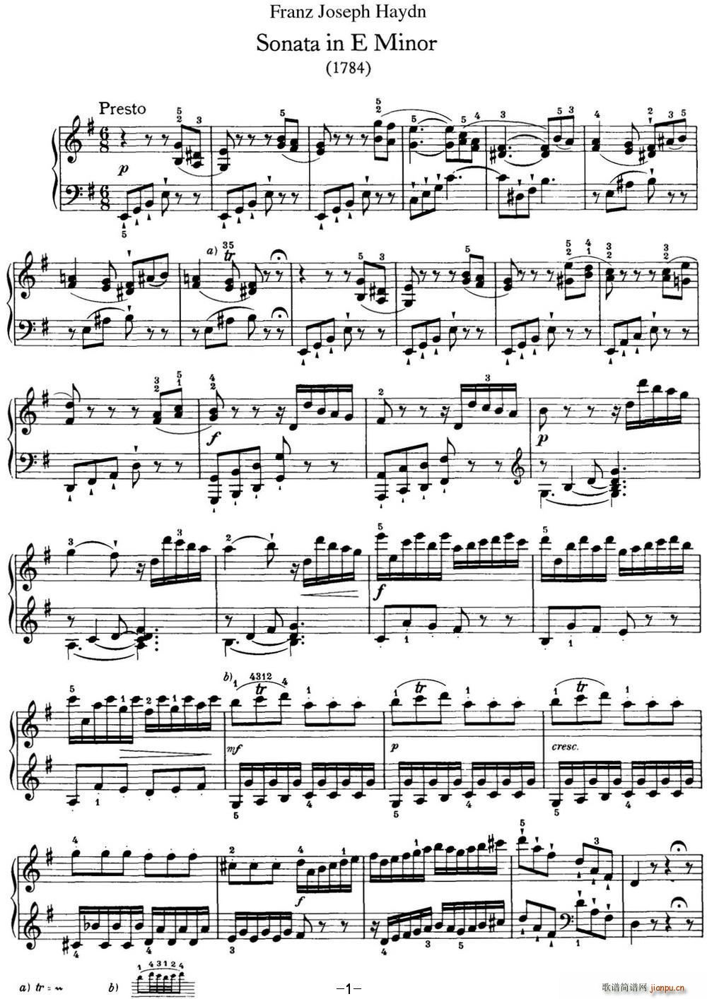 海顿 钢琴奏鸣曲 Hob XVI 34 in E minor1