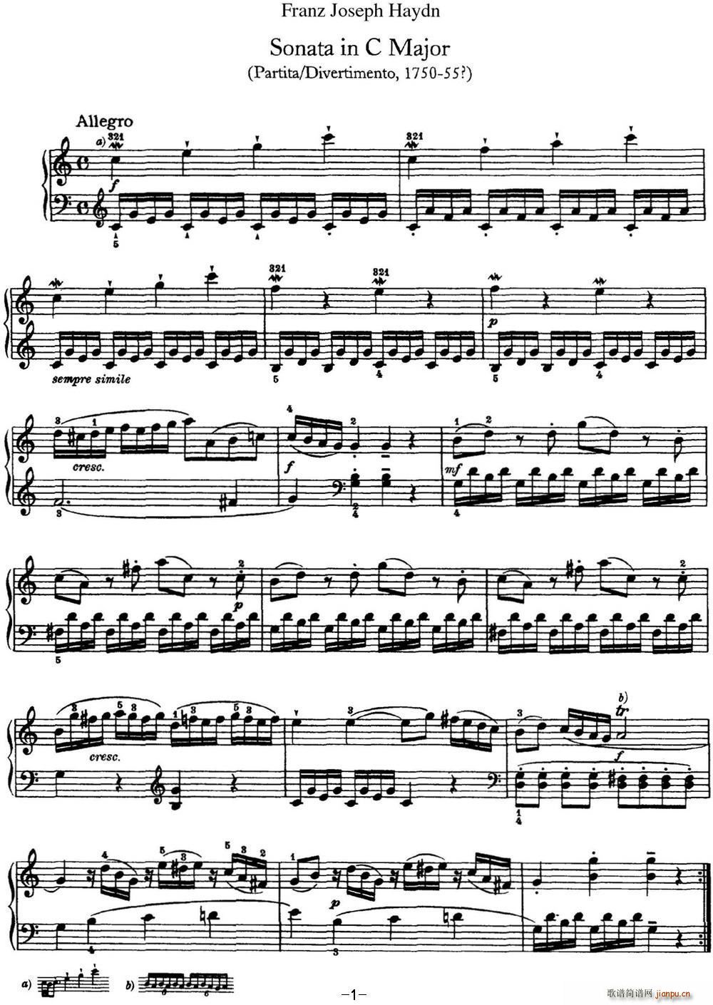 海顿 钢琴奏鸣曲 Hob XVI 1 Divertimento C major1
